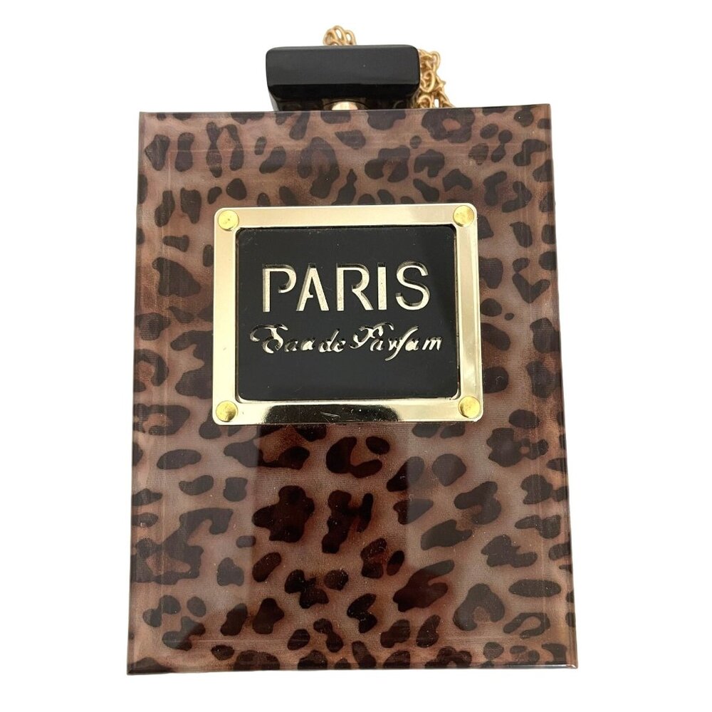 Paris Leopard Purse Brown Acrylic Bag Clutch Chain Shoulder Strap Eau De Parfum - Picture 8 of 10